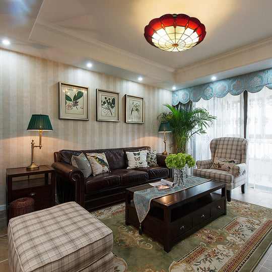 Tiffany Style Bedroom Ceiling Light 12’/16’/19.5’ W Dome Shade Flush Mount With Red Jewel