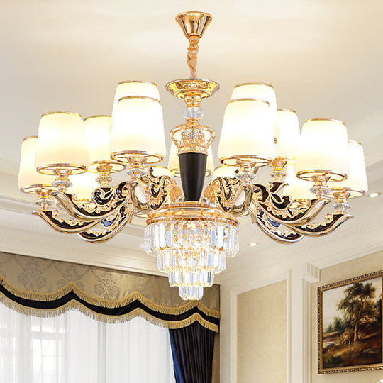 Modernist Opal Glass Gold Cone Chandelier With Crystal Accents - Stylish Pendulum Light