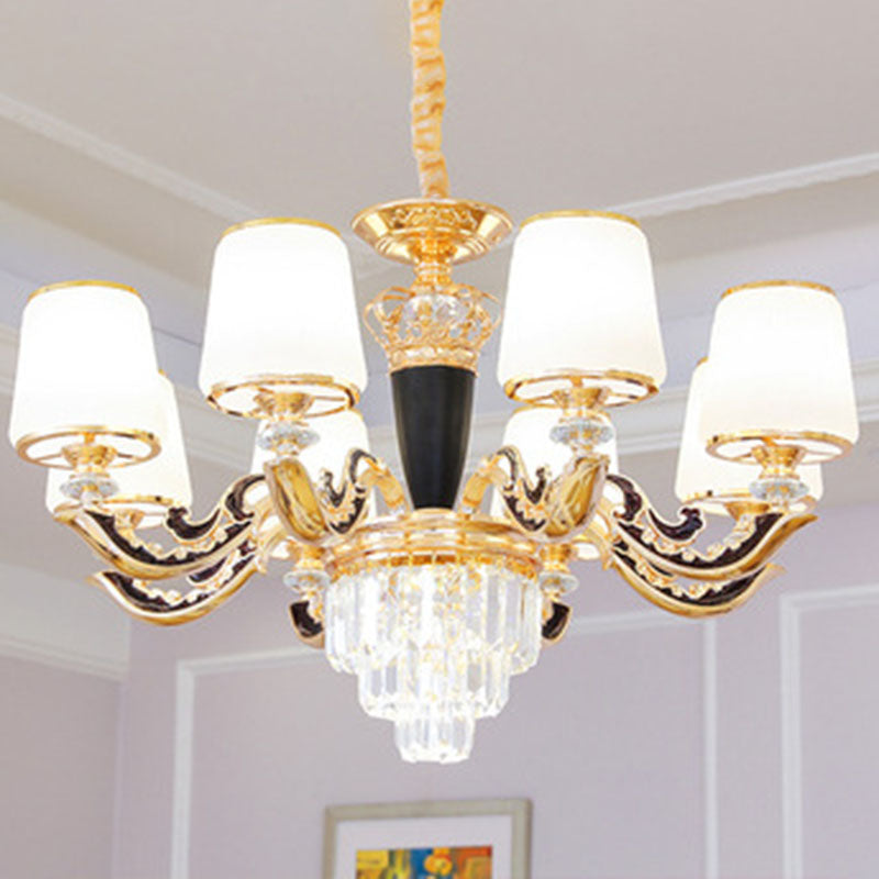 Modernist Opal Glass Gold Cone Chandelier With Crystal Accents - Stylish Pendulum Light 8 / White