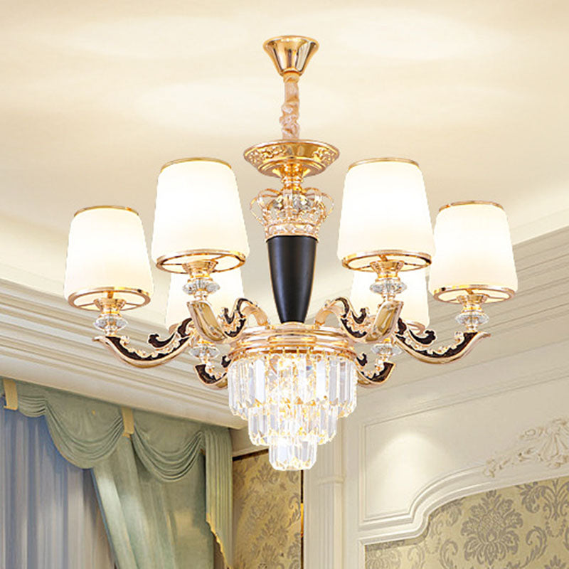 Modernist Opal Glass Gold Cone Chandelier With Crystal Accents - Stylish Pendulum Light 6 / White