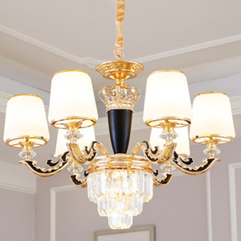 Modernist Opal Glass Gold Cone Chandelier With Crystal Accents - Stylish Pendulum Light