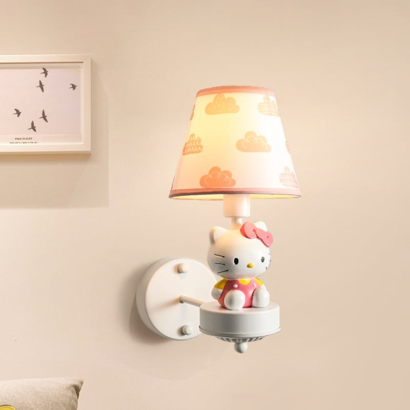 Cartoon White Wall Mount Light: Single-Bulb Bedroom Fixture With Conical Fabric Shade