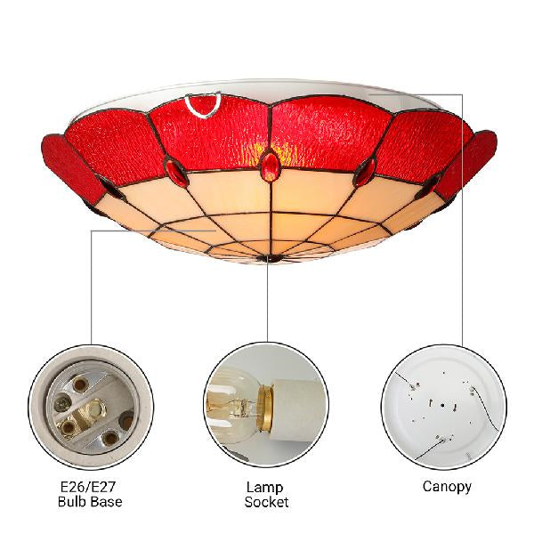Tiffany Style Bedroom Ceiling Light 12/16/19.5 W Dome Shade Flush Mount With Red Jewel Decoration