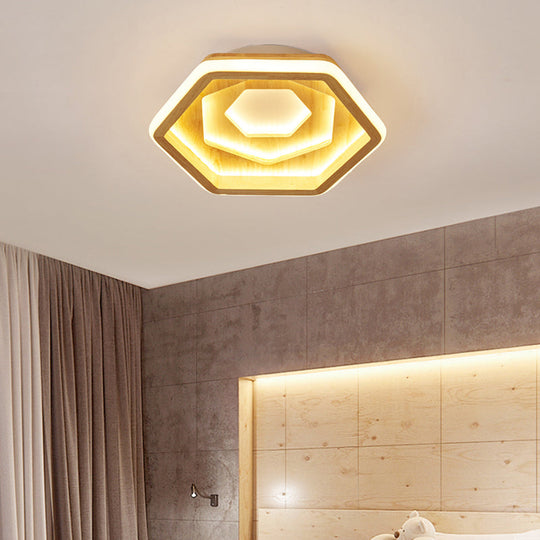 Contemporary Honeycomb Led Flush Ceiling Light In Beige Wood / Medium Warm