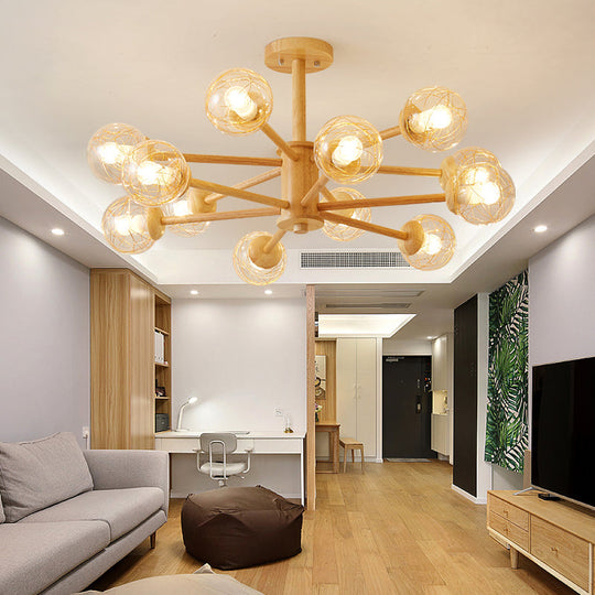 Nordic Led Wooden Chandelier With 2-Tier Radial Beige Design And Clear Glass Shades