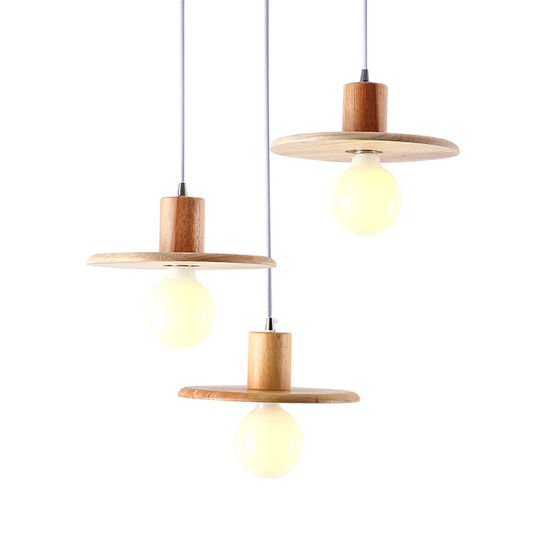 Modern Wooden Lid Shaped Chandelier With 3 Bulbs - Hanging Light For Dining Room