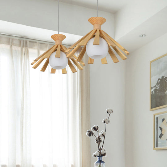 Contemporary Wooden Pendant Ceiling Light With Cream Glass Shade - Single-Bulb Dining Room Hanging