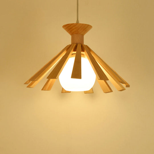 Contemporary Wooden Pendant Ceiling Light With Cream Glass Shade - Single-Bulb Dining Room Hanging