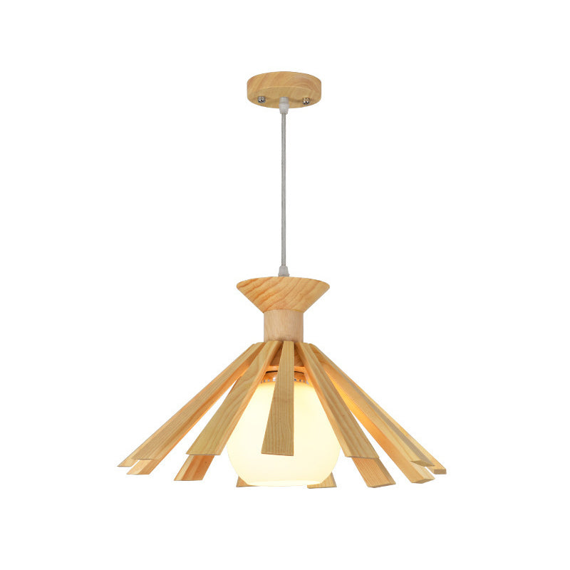 Contemporary Wooden Pendant Ceiling Light With Cream Glass Shade - Single-Bulb Dining Room Hanging