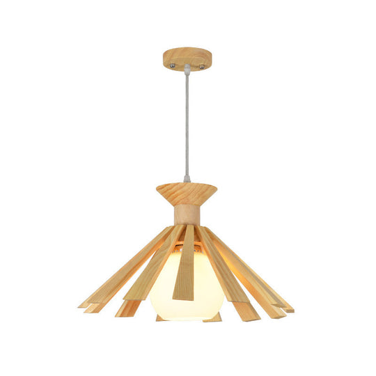 Contemporary Wooden Pendant Ceiling Light With Cream Glass Shade - Single-Bulb Dining Room Hanging