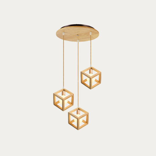 Modern Square Shaped Wooden Pendant Light - 3 Bulb Multi Fixture For Kitchen Wood / Round