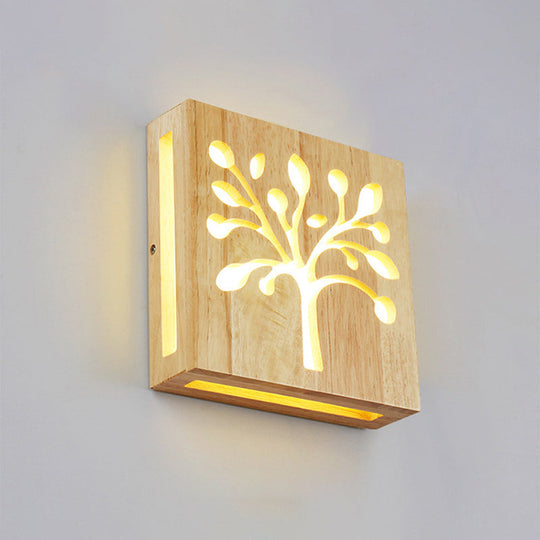 Led Wooden Wall Sconce: Contemporary Square Cutout Living Room Light