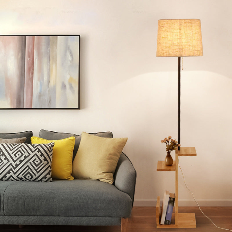 Drum Shaped Led Floor Lamp With Wood Shelf - Contemporary Fabric Standing Light For Living Room