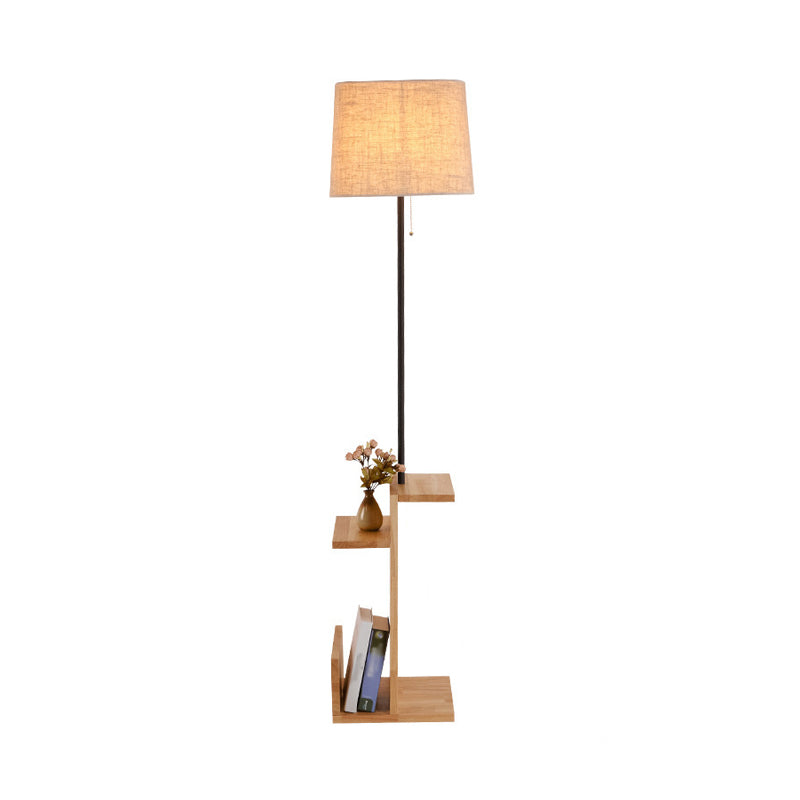 Drum Shaped Led Floor Lamp With Wood Shelf - Contemporary Fabric Standing Light For Living Room