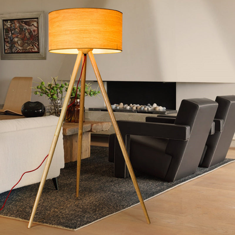 Simple Wooden Led Floor Lamp With Cylinder Shade Ideal For Bedroom - Beige
