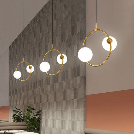 Minimalist Milky Glass Orb Pendant Light With Gold Pendulum And Metal Frame / D