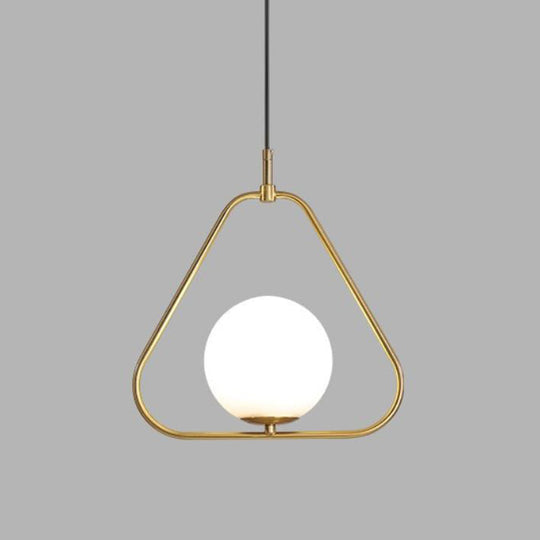 Minimalist Milky Glass Orb Pendant Light With Gold Pendulum And Metal Frame / B