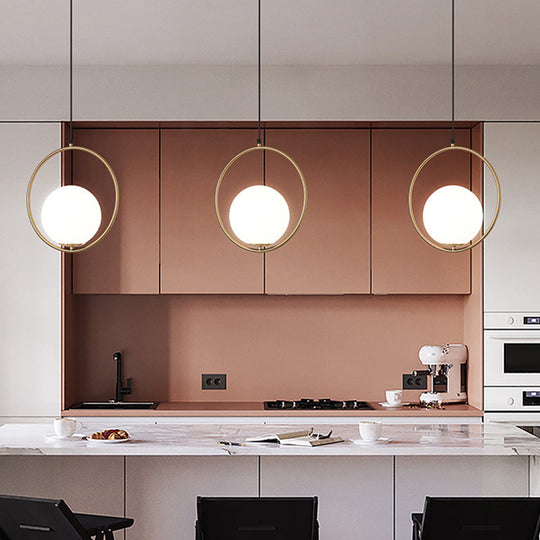 Contemporary Gold Sphere Drop Lamp: 1 Bulb Cream Glass Hanging Ceiling Light For Bedroom