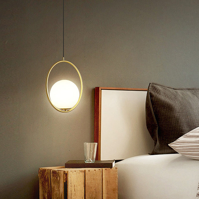 Contemporary Gold Sphere Drop Lamp: 1 Bulb Cream Glass Hanging Ceiling Light For Bedroom