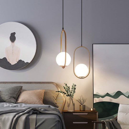 Contemporary Gold Sphere Drop Lamp: 1 Bulb Cream Glass Hanging Ceiling Light For Bedroom / Small B
