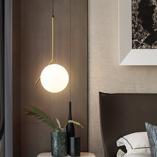 Contemporary Gold Sphere Drop Lamp: 1 Bulb Cream Glass Hanging Ceiling Light For Bedroom