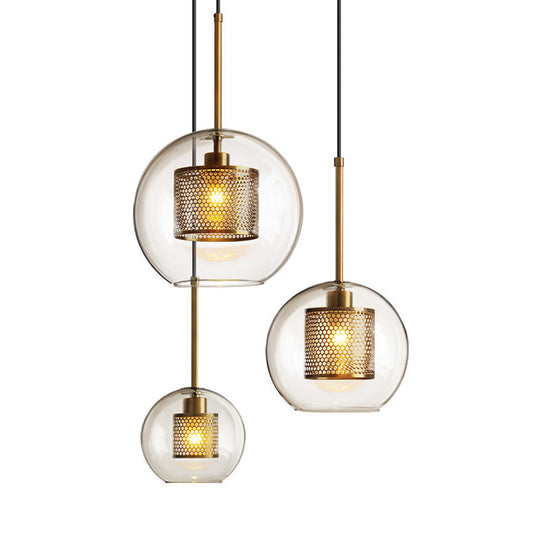 Modern Clear Glass Orb Pendant Light With Mesh Cage - Stylish Ceiling Hanging Lamp