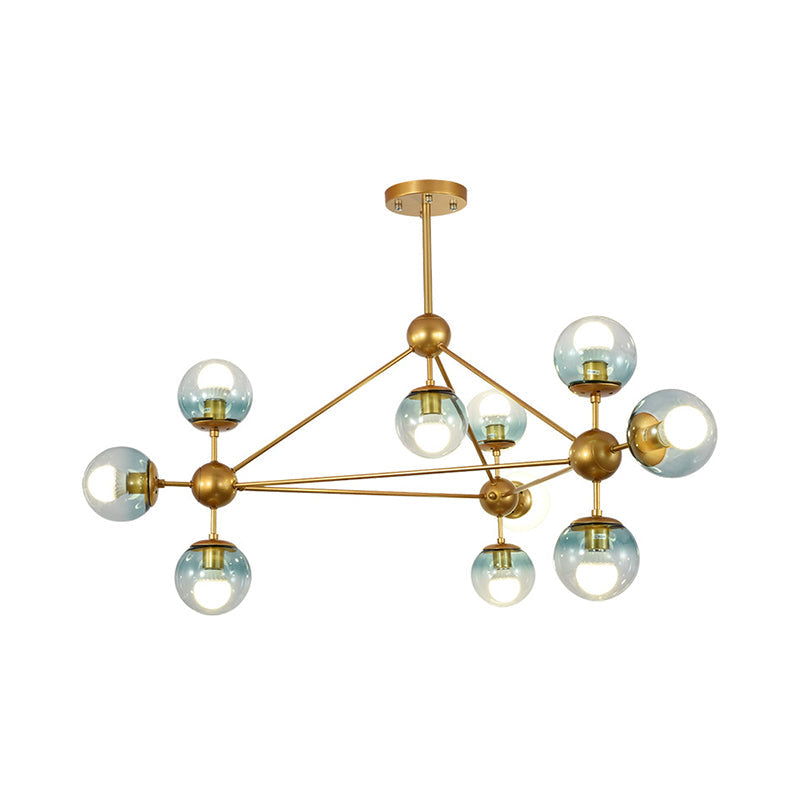 Contemporary 10-Head Gold Chandelier With Gradient Blue Glass Ball Pendant Lamp For Bedroom Lighting
