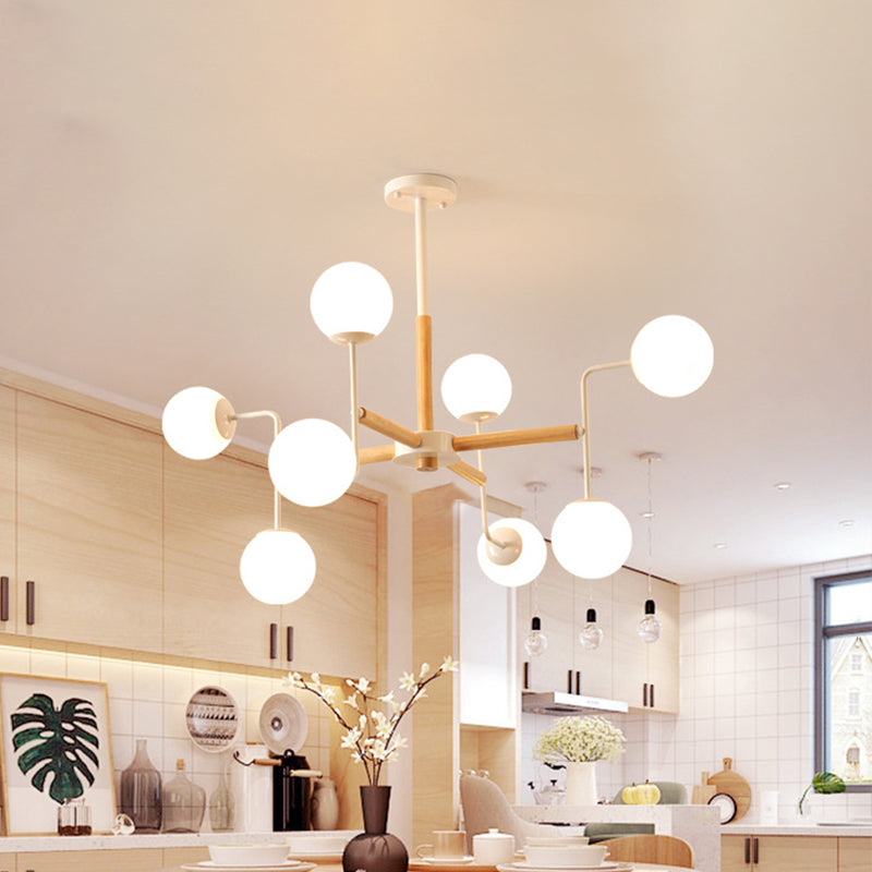 Wood Spherical Pendant Chandelier With Opaline Glass Shade