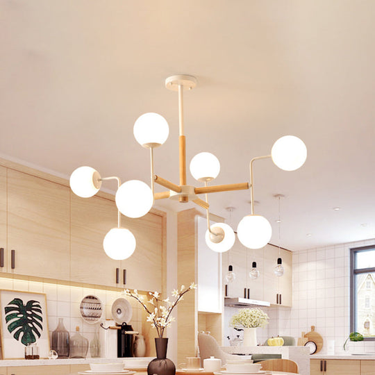 Wood Spherical Pendant Chandelier With Opaline Glass Shade