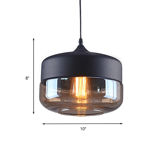 Industrial Cylinder Pendant Light With Brown Glass Shade - 1-Light Hanging Ceiling Fixture In Black