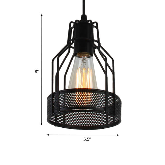 Vintage Industrial Pendant Lighting: Caged Restaurant Metal Fixture With Mesh Screen In Black