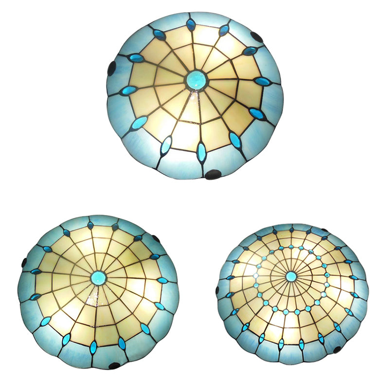 Tiffany Blue Dome Shade Flush Mount Ceiling Light With Jewel Decoration - Available In