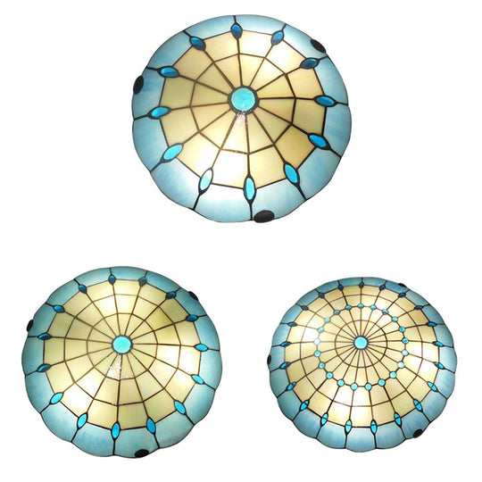 Tiffany Blue Dome Shade Flush Mount Ceiling Light With Jewel Decoration - Available In