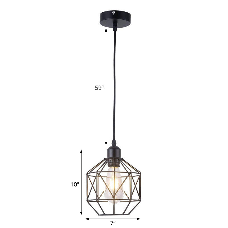 Vintage Black Metal Prism Cage Pendant Lamp - Ideal For Dining Room 1-Light Hanging Light Fixture