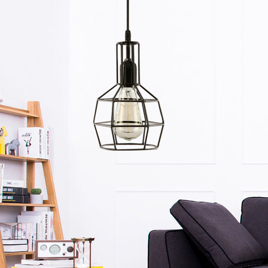 Retro Black Metal Prism Cage Pendant Ceiling Light Stylish Hanging Fixture For Living Room