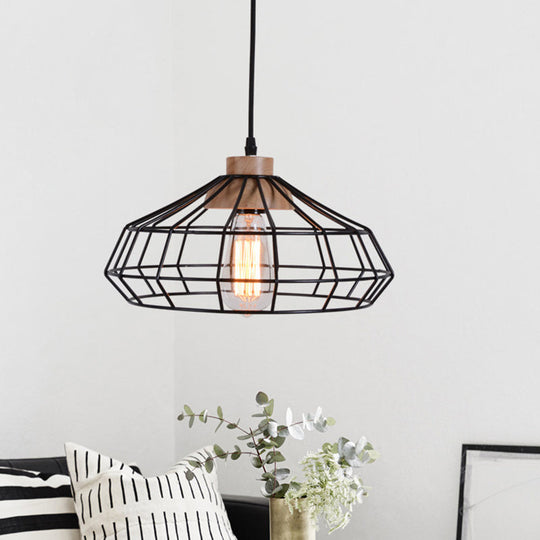 Modern Caged Pendant Light With Wooden Cap - Black Ideal For Dining Room