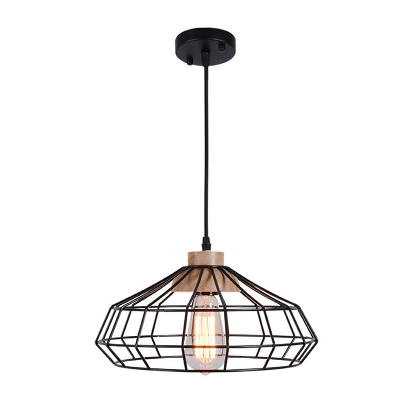 Modern Caged Pendant Light With Wooden Cap - Black Ideal For Dining Room
