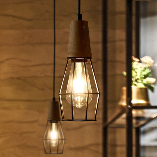 Industrial Style 1-Light Ceiling Pendant Lamp With Geometric Cage Design Wooden Top In