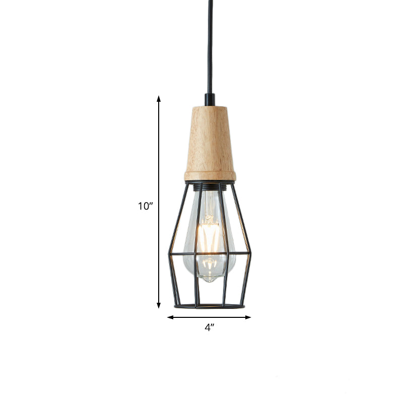 Industrial Style 1-Light Ceiling Pendant Lamp With Geometric Cage Design Wooden Top In