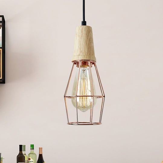 Industrial Style 1-Light Ceiling Pendant Lamp With Geometric Cage Design Wooden Top In