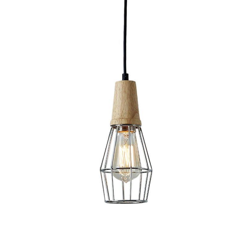 Geometric Iron Pendant Lamp With Wooden Top - Industrial Style Ceiling Light For Bedroom