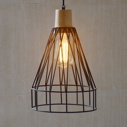 Modern Geometric Wire Cage Iron Pendant Lamp With Wooden Top - 12’/13’ H 1-Light Black Bedroom