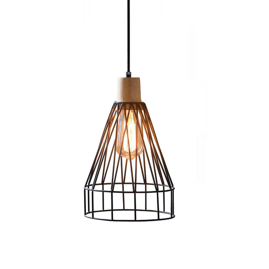 Modern Geometric Wire Cage Iron Pendant Lamp With Wooden Top - 12’/13’ H 1-Light Black Bedroom