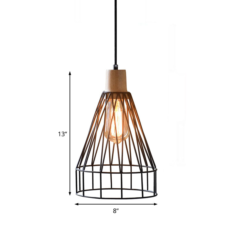 Modern Geometric Wire Cage Iron Pendant Lamp With Wooden Top - 12’/13’ H 1-Light Black Bedroom