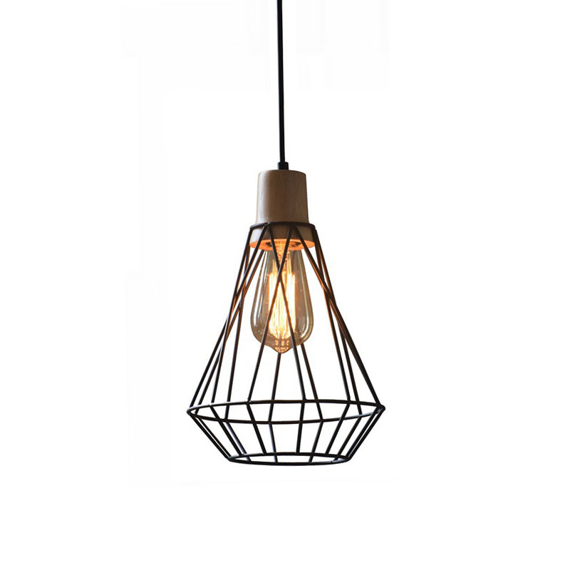 Modern Geometric Wire Cage Iron Pendant Lamp With Wooden Top - 12’/13’ H 1-Light Black Bedroom