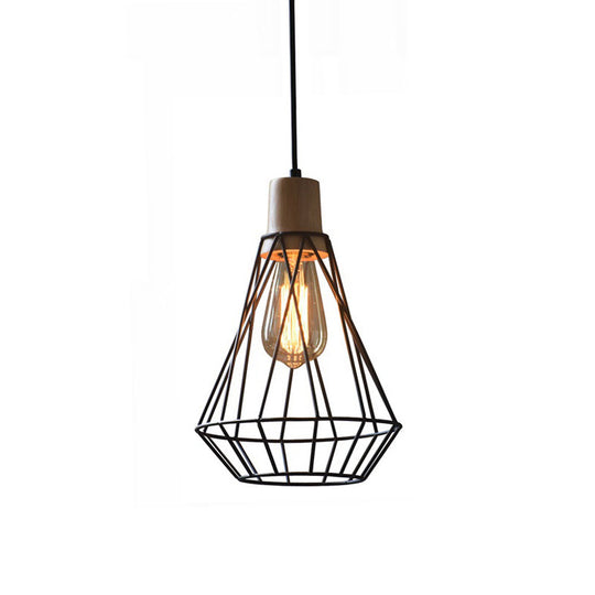 Modern Geometric Wire Cage Iron Pendant Lamp With Wooden Top - 12’/13’ H 1-Light Black Bedroom