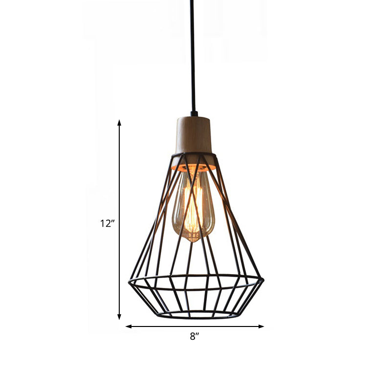 Modern Geometric Wire Cage Iron Pendant Lamp With Wooden Top - 12’/13’ H 1-Light Black Bedroom