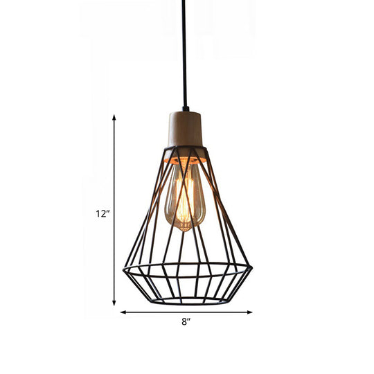 Modern Geometric Wire Cage Pendant Light With Wooden Top 1-Light Black