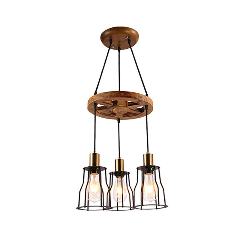 Industrial Wood Bell Cage Pendant Light With Brass Accents - 3/6 Lights For Living Room