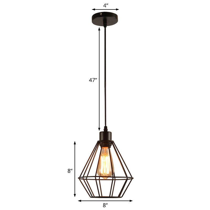 Modern Black Metal Diamond Cage Pendant Light For Restaurants - 1-Light Hanging Lamp Fixture